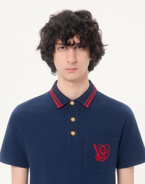 Valentino - Cotton Piqué Polo Shirt With Vg Embroidery - Blue - Man - T-shirts And Sweatshirts